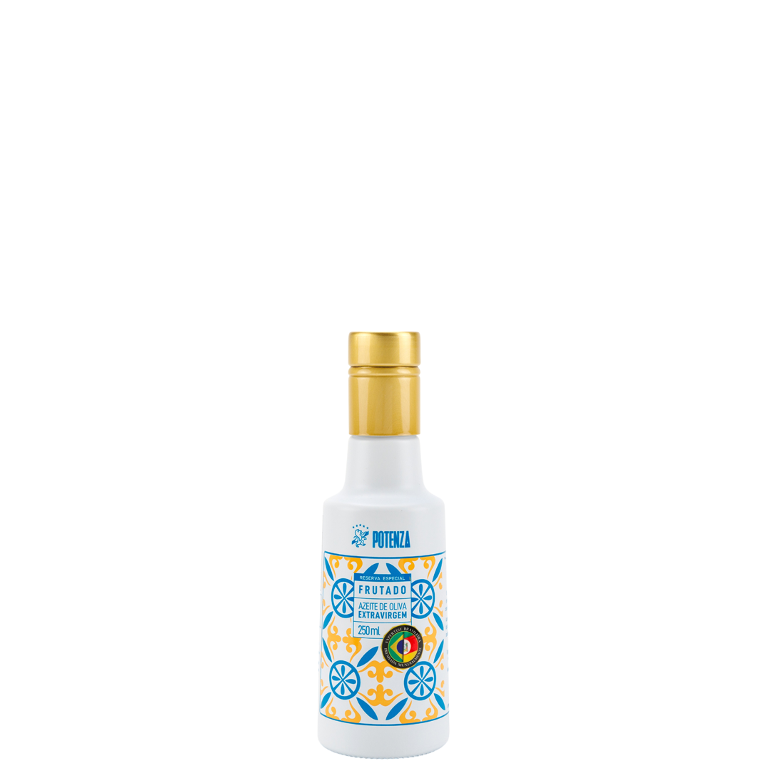 Garrafa branca de 250ml com tampa dourada e rótulo estampado com mosaicos em tons de azul e amarelo do Azeite Potenza Reserva Especial Frutado.
